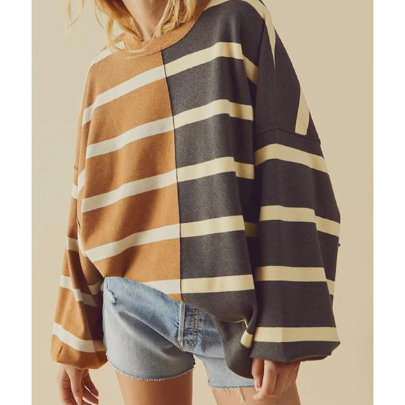 Free People Sweater - Uptown Striped Pullover - Brown and Cream - Picture 7 of 13